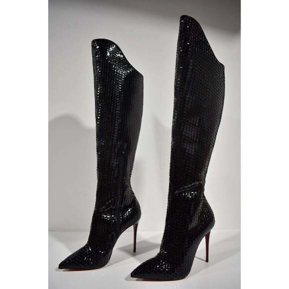 Christian Louboutin Alta Botta 100 Black Patent Bird Knee High Heel Boot 37.5 - Picture 9 of 12